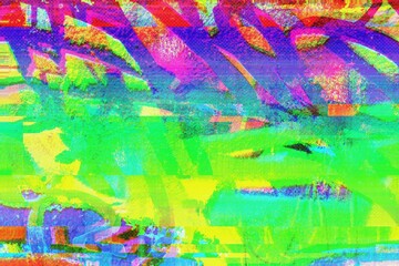 Neon glitch art with vibrant green, purple, pink hues. Y2K, 90s aesthetic, trippy distortion. Digital art, posters, creative banner, modern 90s, 2000s summer visuals.