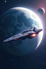 Futuristic spacecraft floating near a bright white planet with stars and planets in the background, interstellar space, stars and galaxies