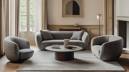 Fototapeta premium Living room furniture in neutral tones creates a soothing atmosphere. The set features a sofa, two armchairs, and a round coffee table, all arranged on a light-colored rug.