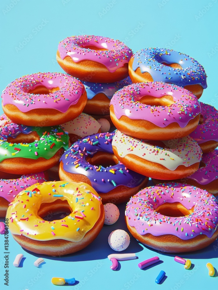Fototapete bright and playful display of colorful donuts with rainbow frosting and sprinkles in a vibrant pop-a