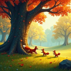 Generation of squirrels and foxes chasing each other around a giant oak tree in autumn park landscape , chase, autumn, oak tree