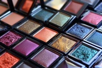 Colorful collection of eyeshadow palettes arranged artistically on a surface