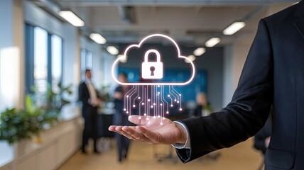 Cybersecurity Cloud Concept: A business professional elegantly presents a cloud with a lock icon, surrounded by a circuit, symbolizing the secure network