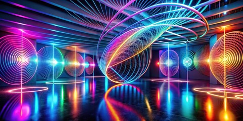 Abstract Neon Light Installation in a Modern Interior Space with Glowing Circular Patterns and Reflective Floor