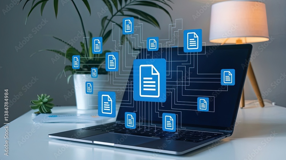 Poster digital document management: a laptop displays digital documents floating with abstract connections 