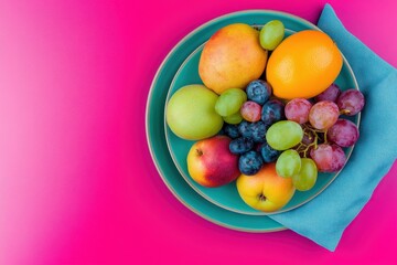 Fresh colorful fruits arranged artistically on a teal plate
