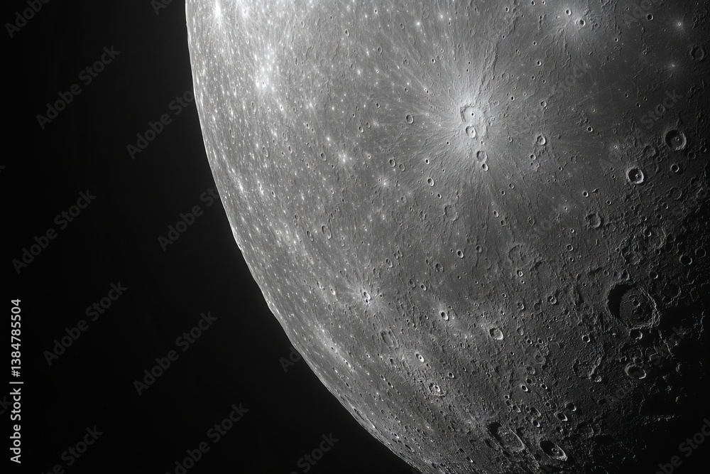 Wall mural a close up of a moon with a dark background. moon's surface with craters, isolated on a solid backgr