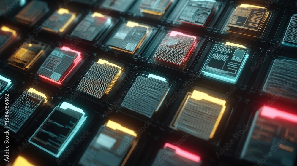 Poster abstract network grid with files and folders, futuristic software interface, digital document manage