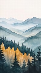 Obraz premium Watercolor of landscape forest misty mountains horizon and fog and hills,pine tree fir tree,Autumn forest background,drawn by hand,Autumn illustration design elements for landscape,wallpaper.
