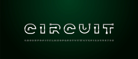 Font digital cyber alphabet, chrome silver letters A, B, C, D, E, F, G, H, I, J, K, L, M, N, O, P, Q, R, S, T, U, V, W, X, Y, Z and numerals 0, 1, 2, 3, 4, 5, 6, 7, 8, 9.