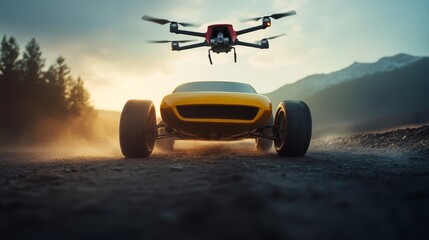 Dynamic off-road exploration with drone and modified car at sunset in mountainous landscape