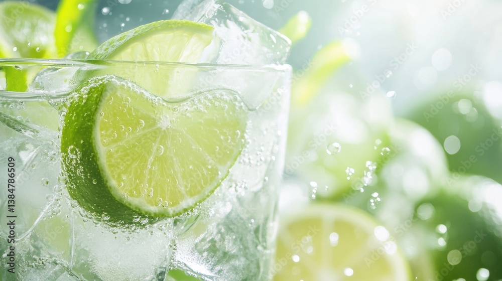 Poster refreshing cold lemonade with ice cubes and lime slices perfect for summer days and outdoor gatherin