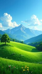 Rolling green hills, distant majestic mountains under a clear sky , impressive, field, landscape