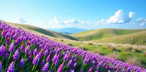 Fototapeta premium Rolling hills of purple wildflowers against a clear blue sky, space, day, scenic