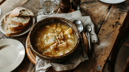 A rustic table setting with a bowl of soup and bread 