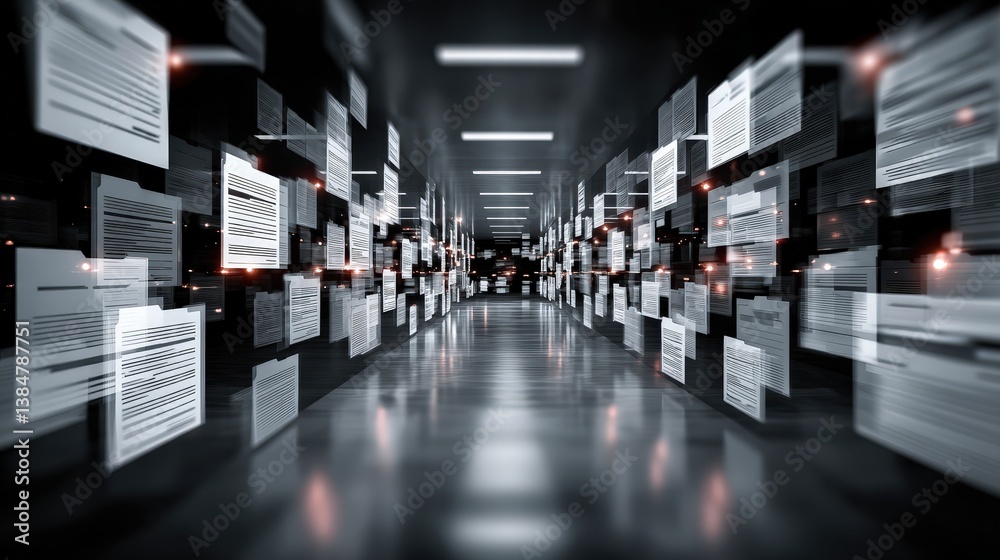 Poster abstract network grid with files and folders, futuristic software interface, digital document manage