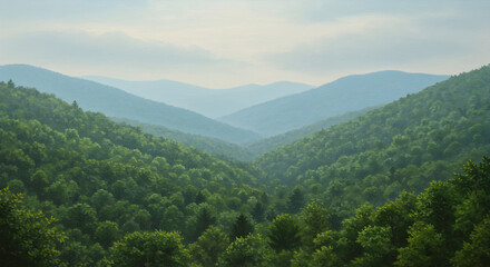 Naklejka premium Expansive View of Verdant Mountain Range with Layers of Lush Forest and Rolling Hills Under a Bright Cloudy Sky