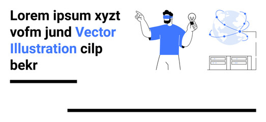 Person holding lightbulb, emphasizing innovation, next to interconnected globe symbol and servers. Ideal for innovation, technology, networking, creativity, ideas, education simple landing page