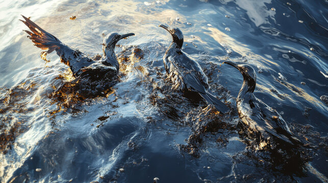 Three seabirds covered in black oil struggling to move in polluted ocean water, devastating impact of oil spills on wildlife. Concept of marine pollution, environmental disaster and ecological harm. - Powered by Adobe