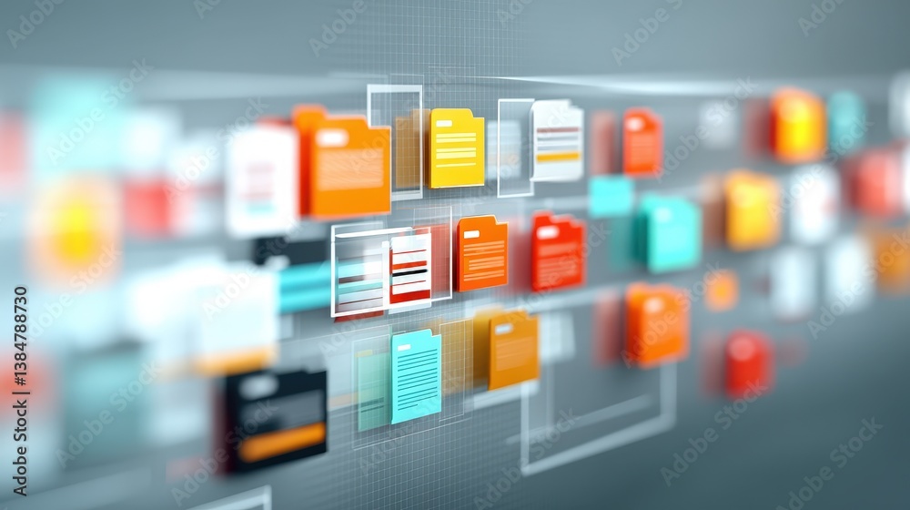 Poster abstract network grid with files and folders, futuristic software interface, digital document manage