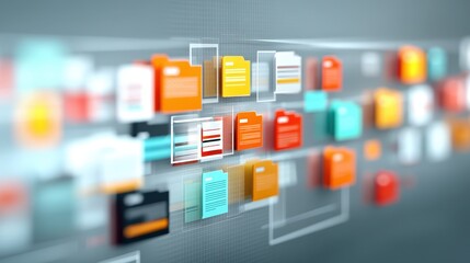 Abstract network grid with files and folders, futuristic software interface, digital document management system, store, search and organize documents, corporate business, paperless office	