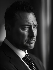 Fototapeta premium Thoughtful businessman gazing out of window in black and white