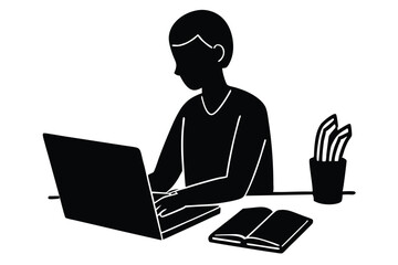 Taking Notes with a Laptop and Book Illustration

