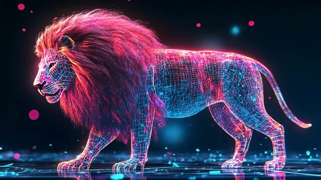 Neon glowing wireframe lion walking on futuristic digital surface. 4K video