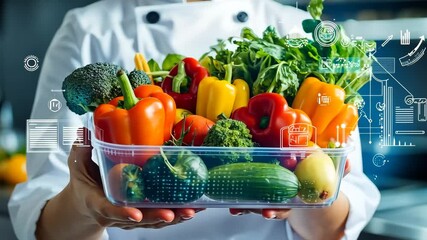 Chef holding tray of fresh vegetables with futuristic digital food data interface overlay. 4K video - Powered by Adobe