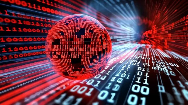 Glowing red digital sphere surrounded by binary code in fast-moving data stream. 4K video