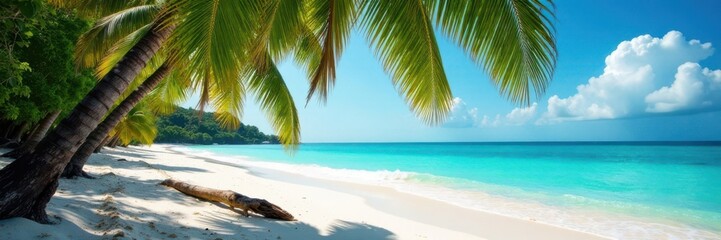 Fototapeta premium Palm trees on sandy beach with turquoise ocean waves and driftwood , ocean,