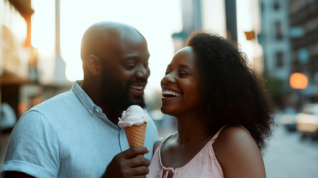 Joyful African American couple enjoying ice cream together on a sunny afternoon in an urban setting