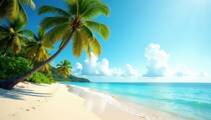 Fototapeta premium Palm trees sway in gentle ocean breeze on deserted island beach, serene, waves