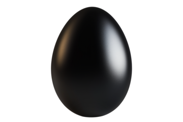 Glossy black egg with smooth reflective surface isolated on white transparent background. Symbol of mystery, luxury, and uniqueness