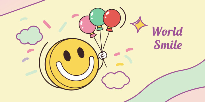 Happy world smile day greeting card with realistic 3d happy smile fun emoticon vector illustration ,cards ,poster 