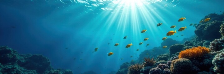 Fototapeta premium School of angelfish swim beneath a vast expanse of dark blue ocean, sunlight filtering down , angelfish, fish, underwater