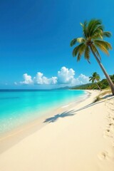 Sandy dunes slope down to meet crystal clear ocean waters as a few palm trees stand sentinel against the blue horizon, ocean, tropical landscape, calm sea