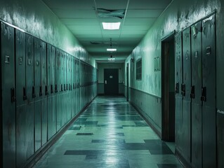 Fototapeta premium Abandoned Classroom Hallway with Distorted Green Lighting Effect