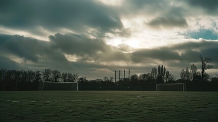 Serene Soccer Field Under Dramatic Sky with Clouds and Trees