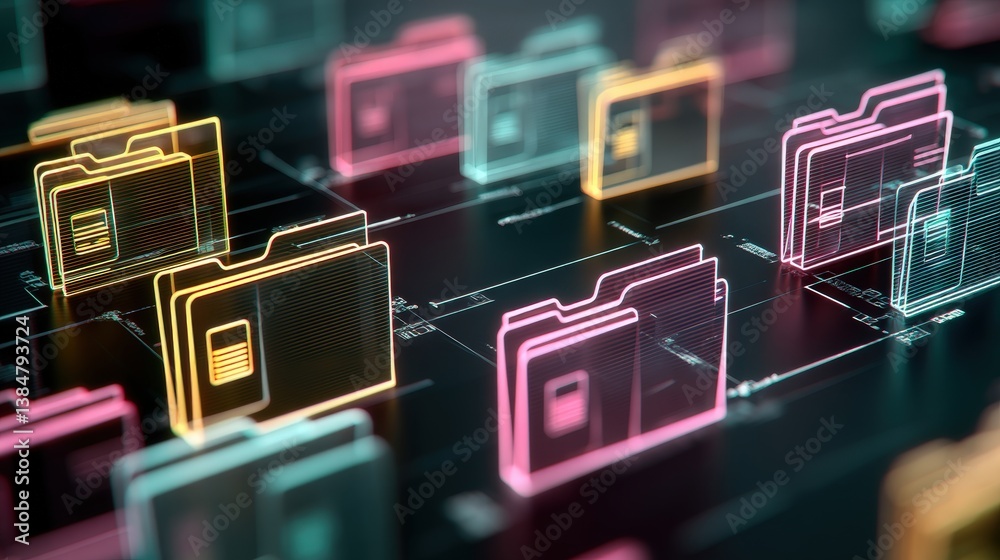 Poster abstract network grid with files and folders, futuristic software interface, digital document manage