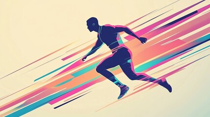 Obraz premium Silhouette of a runner in motion with colorful streaks against a light background illustration