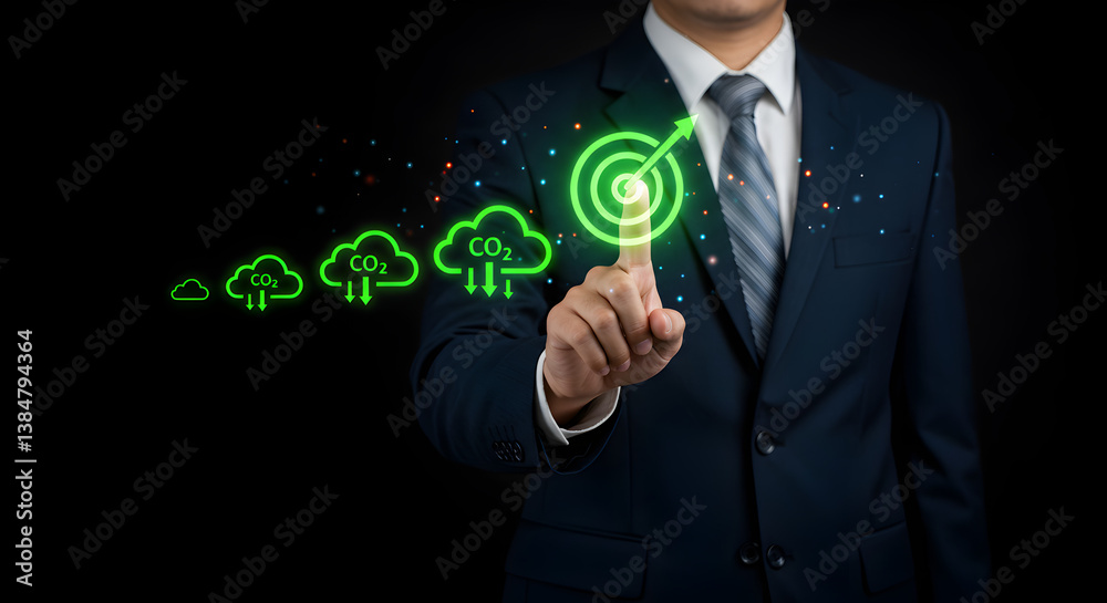 Poster business man touching green target symbol displaying cloud computing and data transfer on black back