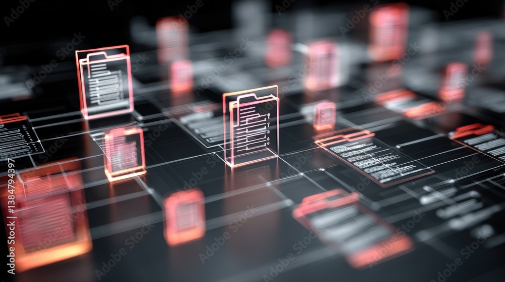 Poster abstract network grid with files and folders, futuristic software interface, digital document manage