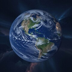 Fototapeta premium Vibrant view of Earth from above, showcasing swirling clouds and striking land features against a starless backdrop