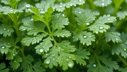 Close-up shot of vibrant green parsley leaves covered in glistening water droplets, creating a fresh and natural scene