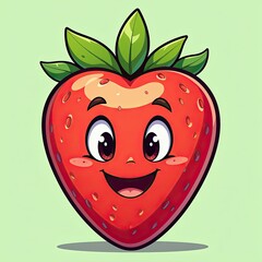 Obraz premium Vibrant Strawberry Animation on Fresh Green Leaves Against Light Green Background. A cartoon strawberry with a smiling face and green leaves.