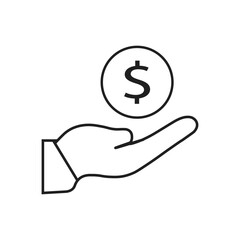 Hand holding a dollar coin. Simple money in hand sign in modern design style for web site and mobile