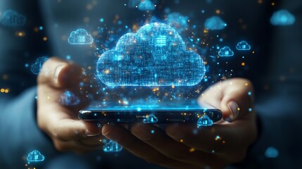 Cloud computing technology concept with smartphone for data storage and digital transformation era now