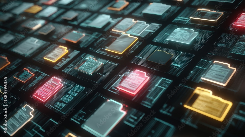 Poster abstract network grid with files and folders, futuristic software interface, digital document manage
