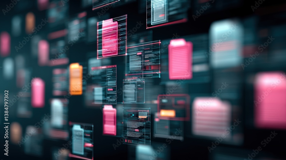 Poster abstract network grid with files and folders, futuristic software interface, digital document manage